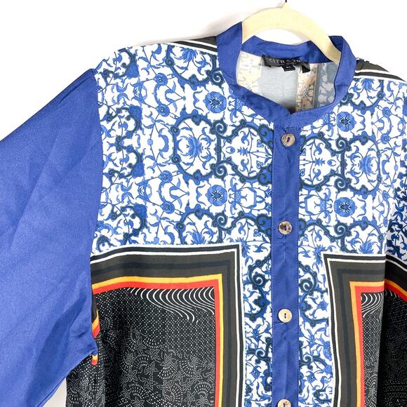 Citron Santa Monica Shirt Blue Printed Button Up Long Sleeve Collarless Sz 2X - Picture 2 of 8